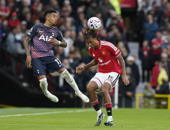 Manchester, England, 10th October 2026. Savio of Tottenham in action with Leny Yoro of Manchester United, ManU during the Manchester United vs Tottenham Hotspur Premier League match at Old Trafford, Manchester. Picture credit should read: Andrew Yates Sportimage EDITORIAL USE ONLY. No use with unauthorised audio, video, data, fixture lists, club league logos or live services. Online in-match use limited to 120 images, no video emulation. No use in betting, games or single club league player publications. SPI_027_AY_MANUTD_SPURS SPI-5058-0027