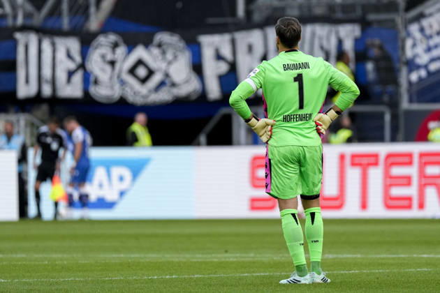 Oliver Baumann, goalkeeper, Hoffenheim, 1, Captain, cutout, full body, single image, single photo, action, looking disappointed, disappointment, frustration, pessimistic, TSG 1899 Hoffenheim player, October 10, 2026, Sinsheim, Germany, soccer, Bundesliga, TSG 1899 Hoffenheim vs. Hamburger SV, DFB and DFL regulations prohibit any use of photographs as image sequences and or quasi-video xozx
