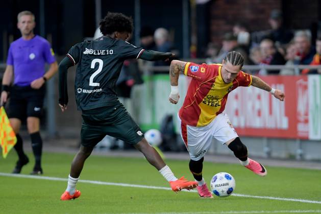 DEVENTER - Lushendry Martes of Sparta Rotterdam and Thibo Baeten of Go Ahead Eagles in a duel during the Eredivisie match between Go Ahead Eagles and Sparta Rotterdam at De Adelaarshorst on October 10, 2026 in Deventer, the Netherlands. DENNIS BRESSER ANP Eredivisie 2026 27 xVIxANPxSportx xMarcelxterxBalsxIVx 572040616 originalFilename: 572040616