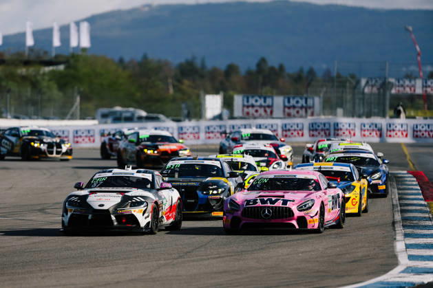 ADAC GT4 Germany, 11. + 12. Rennen Hockenheim 2026 87 Toyota GR Supra GT4 EVO2, CRT Lucas Cartelle, Hudson Schwartz, 51 BMW M4 GT4 Evo, FK Performance Motorsport: Gabriele Piana, Benjamin Sylvestersson, 08 Mercedes-AMG GT4, Mücke Motorsport: Alex Connor, Marius Schmid - picture by Gruppe C Photography Sachsenring Germany Copyright: xGruppexCxPhotographyx