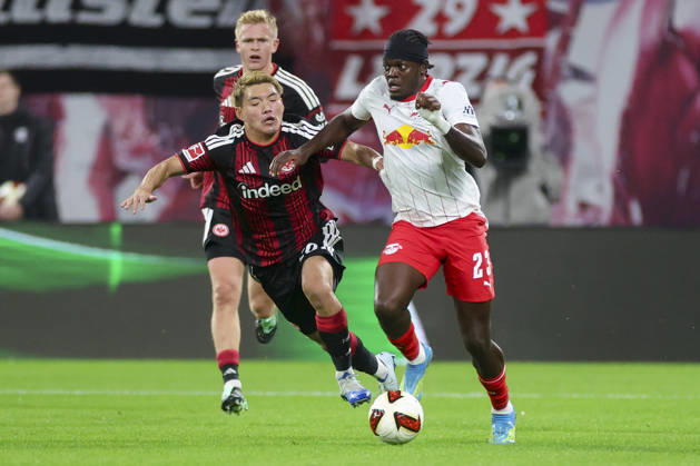 Ritsu Doan of Eintracht Frankfurt and Castello Lukeba of RB Leipzig battle for the ball during the Bundesliga match between RB Leipzig and Eintracht Frankfurt, Red Bull Arena on October 10, 2026, in Leipzig, Germany. Photo by Marco Steinbrenner, DeFodi Images. Ritsu Doan of Eintracht Frankfurt and Castello Lukeba of RB Leipzig battle for the ball during the Bundesliga match between RB Leipzig and Eintracht Frankfurt at Red Bull Arena on October 10, 2026 in Leipzig, Germany. Photo by Marco Steinbrenner, DeFodi Images. DFB and DFL regulations prohibit any use of photographs as image sequences and or quasi-video. Photo by Marco Steinbrenner, DeFodi Images