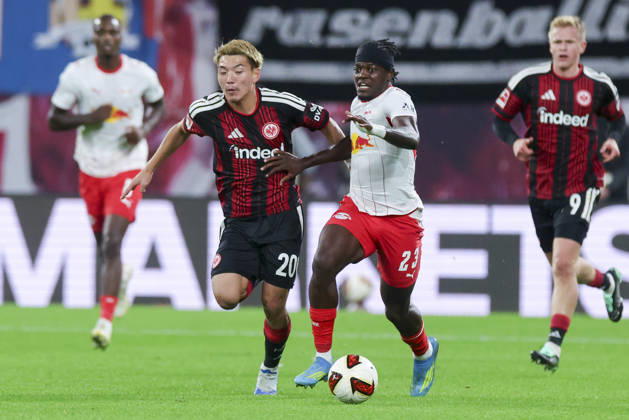 Ritsu Doan of Eintracht Frankfurt and Castello Lukeba of RB Leipzig battle for the ball during the Bundesliga match between RB Leipzig and Eintracht Frankfurt, Red Bull Arena on October 10, 2026, in Leipzig, Germany. Photo by Marco Steinbrenner, DeFodi Images. Ritsu Doan of Eintracht Frankfurt and Castello Lukeba of RB Leipzig battle for the ball during the Bundesliga match between RB Leipzig and Eintracht Frankfurt at Red Bull Arena on October 10, 2026 in Leipzig, Germany. Photo by Marco Steinbrenner, DeFodi Images. DFB and DFL regulations prohibit any use of photographs as image sequences and or quasi-video. Photo by Marco Steinbrenner, DeFodi Images