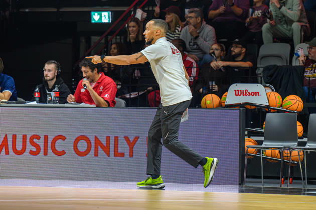 October 10, 2026 Basketball Season 2026–2027 2nd Bundesliga Pro A Matchday 4 Nuremberg Falcons Basketball Club (NBC) vs. Kreisbau Kirchheim Knights AlSch xalxscx Tim Timothy James Black, Head Coach of the Nuremberg Falcons BC (NBC), signals, gestures, and directs the team instructions