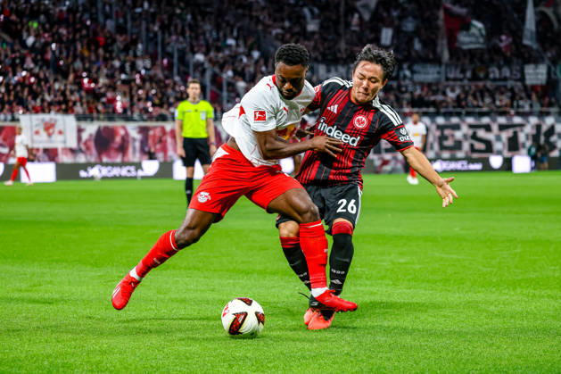 Ridle Baku (RB Leipzig), 17, and Keita Kosugi (Eintracht Frankfurt), 26—tackle, duel, battle for the ball, GER, RB Leipzig vs. Eintracht Frankfurt, soccer, Bundesliga 1 Men, Matchday 5, 2026–2027 season, October 10, 2026 DFL regulations prohibit any use of photographs as image sequences and or quasi-video GER, RB Leipzig vs. Eintracht Frankfurt, soccer, 1st Bundesliga Men, Matchday 5, 2026–2027 season, October 10, 2026 Leipzig Copyright: xEibner-Pressefoto LauraxRoemerx EP_LRR