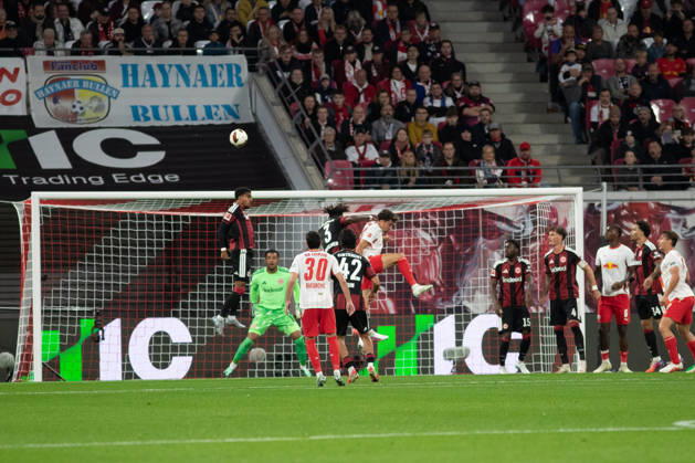1 German Bundesliga: RB Leipzig vs. Eintracht Frankfurt, October 10, 2026—Danger and chaos in front of Eintracht Frankfurt’s goal. LEIPZIG, GERMANY, OCTOBER 10—Bundesliga match between RB Leipzig and Eintracht Frankfurt at the Red Bull Arena on Matchday 5 of the 1. Bundesliga on October 10, 2026 in Leipzig, Germany. DFL regulations prohibit any use of photographs as image sequences and or quasi-video. Copyright: xBEAUTIFULxSPORTS JanxKaeferx