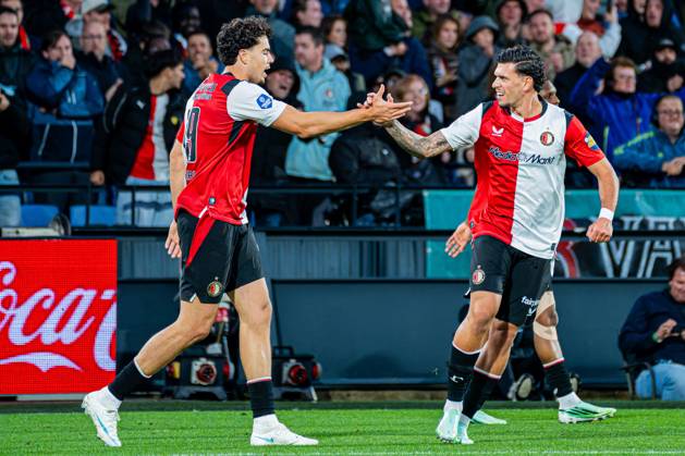 ROTTERDAM - Nacho Ferri of Feyenoord celebrates his team s first goal with Javi Lopez of Feyenoord during the Eredivisie match between Feyenoord and AZ Alkmaar at Stadion Feijenoord on October 10, 2026, in Rotterdam, the Netherlands. KEVIN SENDERS ANP Eredivisie 2026 27 xVIxANPxSportx xMarcelxterxBalsxIVx 572042163 originalFilename: 572042163