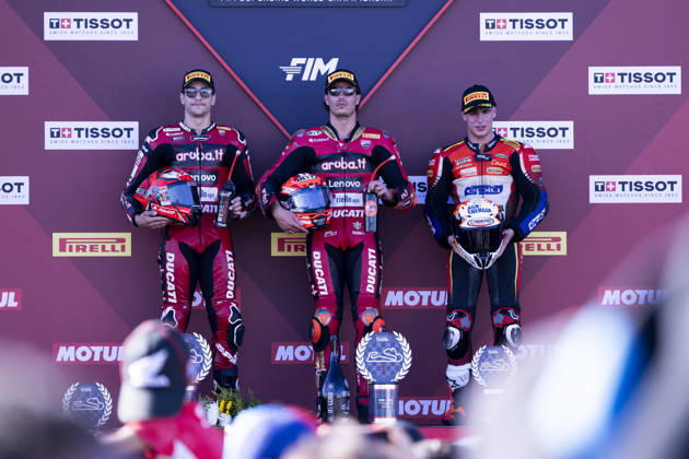 October 10, 2026, Cascais, Lisboa, Portugal: ESTORIL, PORTUGAL - OCTOBER 10: Nicolo Bulega of Italy and Aruba.it Racing - Ducati is seen celebrating the win on the final podium during Race 1 during day two of the World Superbikes Estoril Round at Circuito Estoril on October 10, 2026 in Estoril, Portugal. Cascais Portugal - ZUMAl192 20261010_zsp_l192_103 Copyright: xMiguelxLemosx