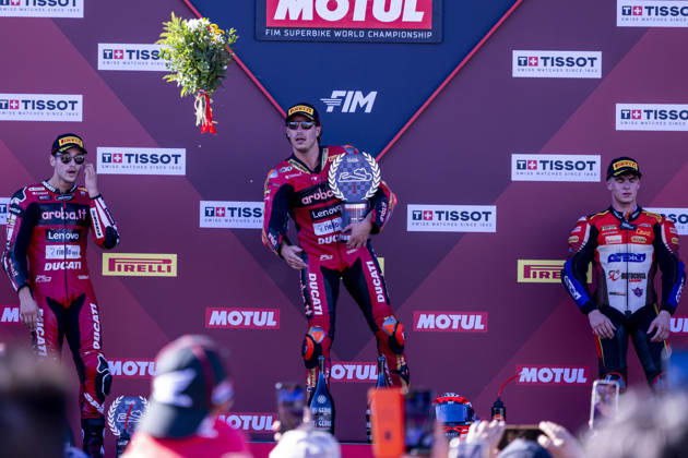 October 10, 2026, Cascais, Lisboa, Portugal: ESTORIL, PORTUGAL - OCTOBER 10: Nicolo Bulega of Italy and Aruba.it Racing - Ducati is seen celebrating the win on the final podium during Race 1 during day two of the World Superbikes Estoril Round at Circuito Estoril on October 10, 2026 in Estoril, Portugal. Cascais Portugal - ZUMAl192 20261010_zsp_l192_106 Copyright: xMiguelxLemosx