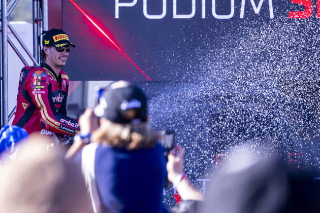 October 10, 2026, Cascais, Lisboa, Portugal: ESTORIL, PORTUGAL - OCTOBER 10: Nicolo Bulega of Italy and Aruba.it Racing - Ducati is seen celebrating the win on the final podium during Race 1 during day two of the World Superbikes Estoril Round at Circuito Estoril on October 10, 2026 in Estoril, Portugal. Cascais Portugal - ZUMAl192 20261010_zsp_l192_114 Copyright: xMiguelxLemosx