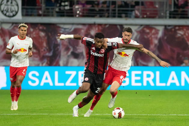 1 German Bundesliga: RB Leipzig vs. Eintracht Frankfurt, October 10, 2026—Raphael Onyedika (25, Eintracht Frankfurt) vs. Romulo Cardoso da Cruz (40, RB Leipzig). LEIPZIG, GERMANY OCTOBER 10 Bundesliga match between RB Leipzig and Eintracht Frankfurt at the Red Bull Arena on Matchday 5 of the Bundesliga on October 10, 2026 in Leipzig, Germany. DFL regulations prohibit any use of photographs as image sequences and or quasi-video. Copyright: xBEAUTIFULxSPORTS JanxKaeferx