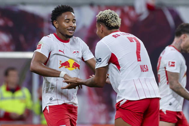 Christopher Nkunku of RB Leipzig celebrates his goal to make it 3–0 with Antonio Nusa of RB Leipzig during the Bundesliga match between RB Leipzig and Eintracht Frankfurt, Red Bull Arena on October 10, 2026, in Leipzig, Germany. Photo by Marco Steinbrenner, DeFodi Images. Christopher Nkunku of RB Leipzig celebrates after scoring his team’s third goal with Antonio Nusa of RB Leipzig during the Bundesliga match between RB Leipzig and Eintracht Frankfurt at Red Bull Arena on October 10, 2026 in Leipzig, Germany. Photo by Marco Steinbrenner, DeFodi Images. DFB and DFL regulations prohibit any use of photographs as image sequences and or quasi-video. Photo by Marco Steinbrenner, DeFodi Images.