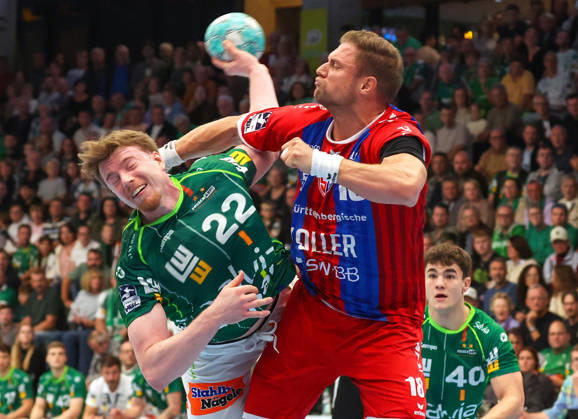 October 10, 2026, Germany, Göppingen, Opel HBL Bundesliga Handball, FRISCH AUF Göppingen vs. SG BBM Bietigheim, from left: Erik Persson (FAG), Fabian Wiederstein (BBM)