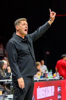 October 10, 2026 Basketball Season 2026–2027 2nd Bundesliga Pro A Matchday 4 Nuremberg Falcons Basketball Club (NBC) vs. Kreisbau Kirchheim Knights AlSch xalxscx Igor Perovic, Head Coach of the Kirchheim Knights, signals, gestures, directs, and gives instructions
