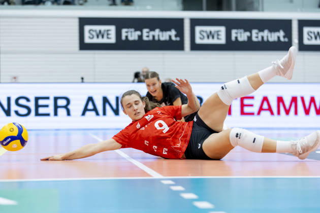 DEKRA 1st Bundesliga Women: Schwarz Weiss Erfurt vs. Rote Raben Vilsbiburg, Erfurt, October 10, 2026; Sarah Stiriz 9, Rote Raben Vilsbiburg; DEKRA 1st Bundesliga Women: Schwarz Weiss Erfurt vs. Rote Raben Vilsbiburg, Riethsporthalle, Erfurt, 1October 10, 2026 Copyright: xBEAUTIFULxSPORTS Duehringx