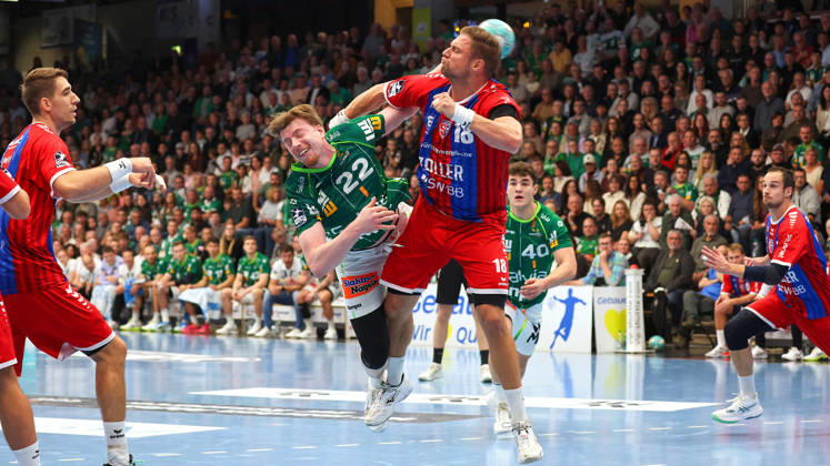 October 10, 2026, Germany, Göppingen, Opel HBL Bundesliga Handball, FRISCH AUF Göppingen vs. SG BBM Bietigheim, from left: Erik Persson (FAG), Fabian Wiederstein (BBM)