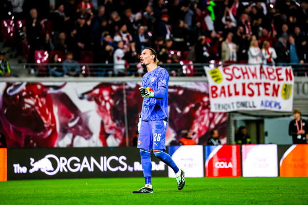 Maarten Vandevoordt, RB Leipzig, 26, celebrating, goal celebration, celebrating the 4-0 goal, GER, RB Leipzig vs. Eintracht Frankfurt, soccer, Bundesliga 1 Men, Matchday 5, 2026–2027 season, October 10, 2026 DFL regulations prohibit any use of photographs as image sequences and or quasi-video GER, RB Leipzig vs. Eintracht Frankfurt, Soccer, 1st Bundesliga Men, Matchday 5, 2026–2027 season, October 10, 2026 Leipzig Copyright: xEibner-Pressefoto LauraxRoemerx EP_LRR