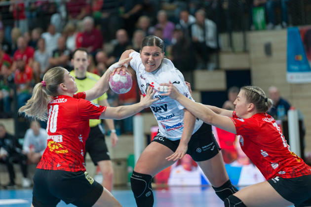 Viktoria Marksteiner, Halle, 10, Nina Ramusovic, Zwickau, 76, Ilona Kieffer, Halle, 72, SV Union Halle Neustadt vs. BSV Sachsen Zwickau, Women’s Handball Bundesliga, 1st Bundesliga, Matchday 5, 2026–27 Season, October 10, 2026, Halle, SWH Arena, Saxony-Anhalt, Germany