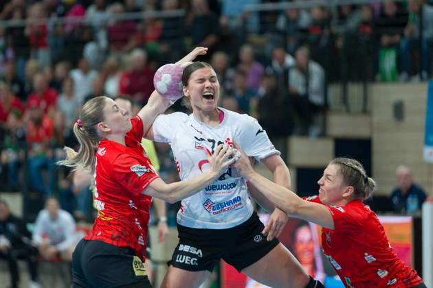 Viktoria Marksteiner, Halle, 10, Nina Ramusovic, Zwickau, 76, Ilona Kieffer, Halle, 72, SV Union Halle Neustadt vs. BSV Sachsen Zwickau, Women’s Handball Bundesliga, 1st Bundesliga, Matchday 5, 2026–27 Season, October 10, 2026, Halle, SWH Arena, Saxony-Anhalt, Germany