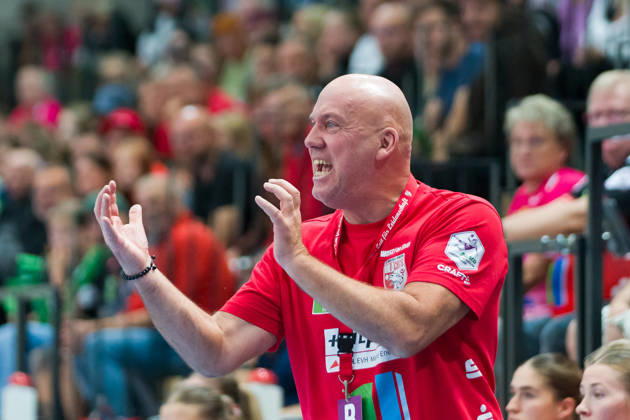 Coach Pether Krautmeyer, Halle; SV Union Halle Neustadt vs. BSV Sachsen Zwickau, Women s Handball Bundesliga, 1st Bundesliga, Matchday 5, 2026–27 Season, October 10, 2026, Halle SWH Arena, Saxony-Anhalt, Germany