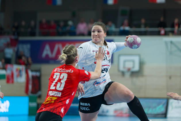 Marie Polakova, Halle, 23; Victoria Hasselbusch, Zwickau, 31; SV Union Halle Neustadt vs. BSV Sachsen Zwickau, Women s Handball Bundesliga, 1st Bundesliga, Matchday 5, 2026–27 Season, October 10, 2026, Halle SWH Arena, Saxony-Anhalt, Germany