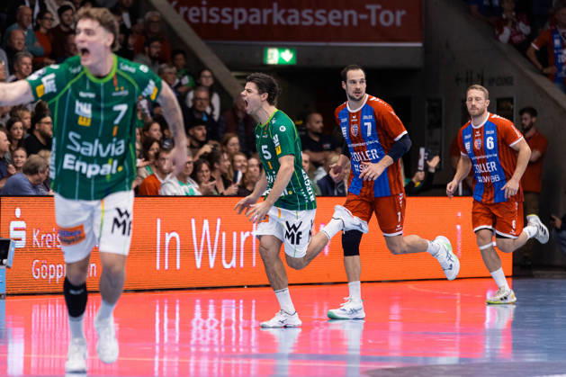 Rutger TEN VELDE FRISCH AUF Goeppingen, 05 Celebration, Joy, Passion, Success, Emotion, Enthusiasm, Positive Emotions GER, FRISCH AUF Goeppingen vs. SG BBM Bietigheim, Handball, Bundesliga, OPEL HBL, Matchday 8, 2026–2027 season, October 10, 2026, GER, FRISCH AUF Goeppingen vs. SG BBM Bietigheim, Handball, Bundesliga, OPEL HBL, Matchday 8, 2026–2027 Season, October 10, 2026, Goeppingen Copyright: xEibnerxPressefoto OliverxSchmidtx EP_OST