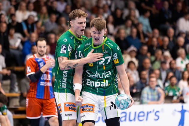 Victor KLOEVE FRISCH AUF Goeppingen, 7, and Oskar SUNNEFELDT FRISCH AUF Goeppingen, 27—celebration, joy, passion, success, emotion, enthusiasm, positive emotions GER, FRISCH AUF Goeppingen vs. SG BBM Bietigheim, Handball, Bundesliga, OPEL HBL, Matchday 8, 2026–2027 Season, October 10, 2026, GER, FRISCH AUF Goeppingen vs. SG BBM Bietigheim, Handball, Bundesliga, OPEL HBL, Matchday 8, 2026–2027 Season, October 10, 2026, Goeppingen Copyright: xEibnerxPressefoto OliverxSchmidtx EP_OST