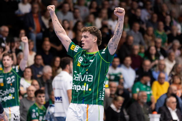 Victor KLOEVE FRISCH AUF Goeppingen, 07 Celebration, Joy, Passion, Success, Emotion, Enthusiasm, Positive Emotions GER, FRISCH AUF Goeppingen vs. SG BBM Bietigheim, Handball, Bundesliga, OPEL HBL, Matchday 8, 2026–2027 Season, October 10, 2026, GER, FRISCH AUF Goeppingen vs. SG BBM Bietigheim, Handball, Bundesliga, OPEL HBL, Matchday 8, 2026–2027 Season, October 10, 2026, Goeppingen Copyright: xEibnerxPressefoto OliverxSchmidtx EP_OST