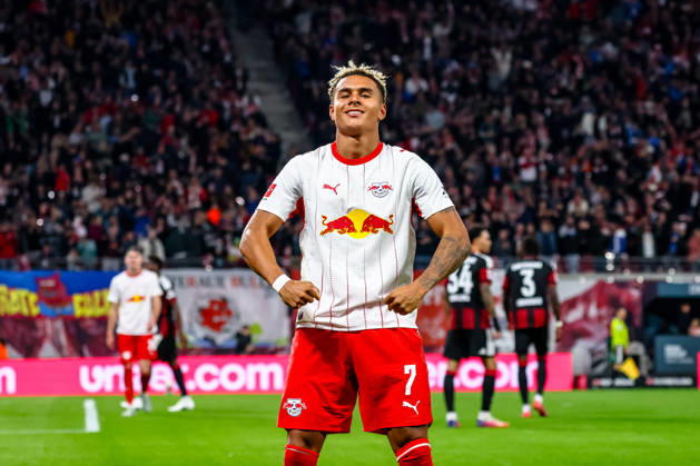 Antonio Nusa, RB Leipzig, 07 Celebration, Goal Celebration, celebrating the 5-0 goal, GER, RB Leipzig vs. Eintracht Frankfurt, Soccer, 1. Bundesliga Men, Matchday 5, 2026–2027 Season, October 10, 2026 DFL regulations prohibit any use of photographs as image sequences and or quasi-video GER, RB Leipzig vs. Eintracht Frankfurt, Soccer, 1st Bundesliga Men, Matchday 5, 2026–2027 season, October 10, 2026 Leipzig Copyright: xEibner-Pressefoto LauraxRoemerx EP_LRR