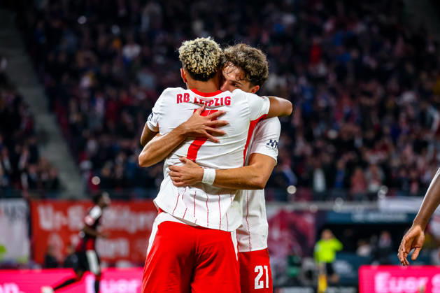 Antonio Nusa, RB Leipzig, 07, celebrating, goal celebration, celebrating the 5-0 goal, hugging Neil El Aynaoui, RB Leipzig, 21, GER, RB Leipzig vs. Eintracht Frankfurt, soccer, Bundesliga 1 Men, Matchday 5, 2026–2027 season, October 10, 2026 DFL regulations prohibit any use of photographs as image sequences and or quasi-video GER, RB Leipzig vs. Eintracht Frankfurt, Soccer, 1st Bundesliga Men, Matchday 5, 2026–2027 season, October 10, 2026 Leipzig Copyright: xEibner-Pressefoto LauraxRoemerx EP_LRR