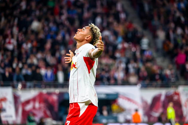 Antonio Nusa, RB Leipzig, 07, celebrating, goal celebration, celebrating the 5-0 goal, looking up at the sky, GER, RB Leipzig vs. Eintracht Frankfurt, soccer, 1. Bundesliga Men, Matchday 5, 2026–2027 season, October 10, 2026 DFL regulations prohibit any use of photographs as image sequences and or quasi-video GER, RB Leipzig vs. Eintracht Frankfurt, soccer, 1st Bundesliga Men, Matchday 5, 2026–2027 season, October 10, 2026 Leipzig Copyright: xEibner-Pressefoto LauraxRoemerx EP_LRR