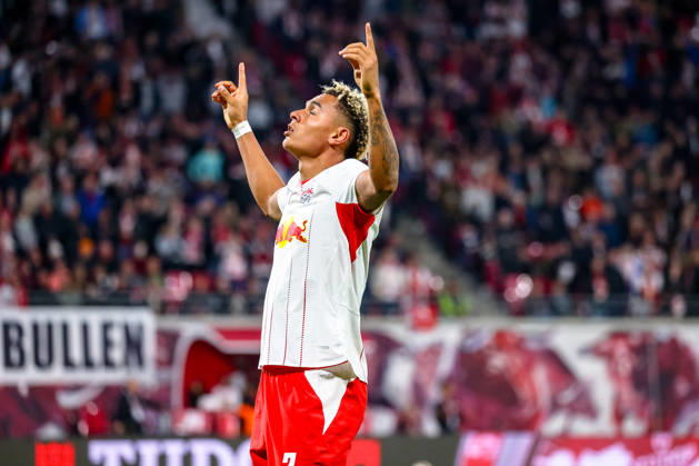 Antonio Nusa, RB Leipzig, 07, celebrating, goal celebration, celebrating the 5-0 goal, pointing to the sky, GER, RB Leipzig vs. Eintracht Frankfurt, soccer, 1. Bundesliga Men, Matchday 5, 2026–2027 season, October 10, 2026 DFL regulations prohibit any use of photographs as image sequences and or quasi-video GER, RB Leipzig vs. Eintracht Frankfurt, soccer, 1st Bundesliga Men, Matchday 5, 2026–2027 season, October 10, 2026 Leipzig Copyright: xEibner-Pressefoto LauraxRoemerx EP_LRR