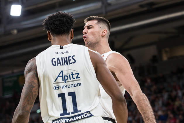 Bamberg, Germany, October 10, 2026; easyCredit BBL 2026–2027, Matchday 5; BMA365 Bamberg Baskets vs. Syntainics MBC; Pictured: Jure Planinic of MBC Weißenfels celebrates at the Brose Arena in Bavaria Copyright: xFotostandx xSchmittx