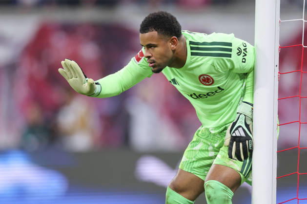 Goalkeeper Noah Atubolu of Eintracht Frankfurt gestures during the Bundesliga match between RB Leipzig and Eintracht Frankfurt, Red Bull Arena on October 10, 2026, in Leipzig, Germany. Photo by Marco Steinbrenner, DeFodi Images. Goalkeeper Noah Atubolu of Eintracht Frankfurt gestures during the Bundesliga match between RB Leipzig and Eintracht Frankfurt at Red Bull Arena on October 10, 2026 in Leipzig, Germany. Photo by Marco Steinbrenner, DeFodi Images. DFB and DFL regulations prohibit any use of photographs as image sequences and or quasi-video. Photo by Marco Steinbrenner, DeFodi Images.