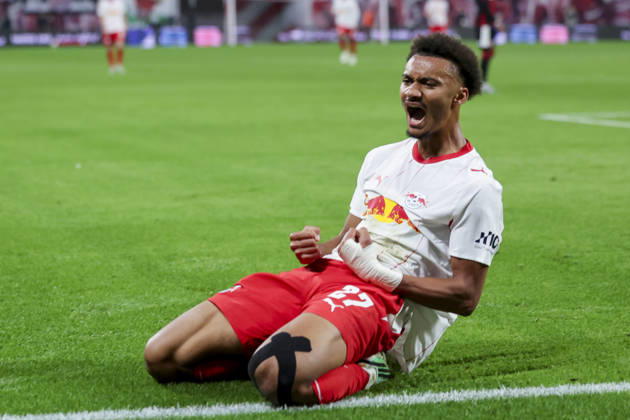 Tidiam Gomis of RB Leipzig celebrates his goal to make it 6-0 during the Bundesliga match between RB Leipzig and Eintracht Frankfurt, Red Bull Arena on October 10, 2026, in Leipzig, Germany. Photo by Marco Steinbrenner, DeFodi Images. Tidiam Gomis of RB Leipzig celebrates after scoring his team’s sixth goal during the Bundesliga match between RB Leipzig and Eintracht Frankfurt at Red Bull Arena on October 10, 2026 in Leipzig, Germany. Photo by Marco Steinbrenner, DeFodi Images. DFB and DFL regulations prohibit any use of photographs as image sequences and or quasi-video. Photo by Marco Steinbrenner, DeFodi Images.