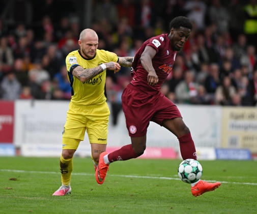 October 10, 2026, xophax, Soccer 3rd Division, Fortuna Cologne vs. Saarbrücken: Romeo Aigbekaen (Fortuna Cologne, right) and Philip Fahrner (Fortuna Cologne, left)
