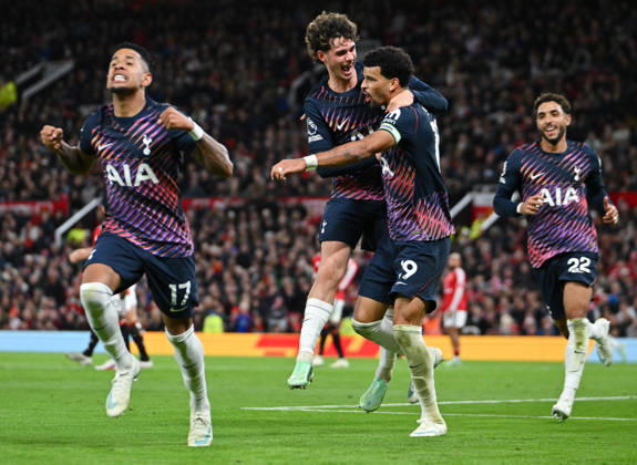 MANCHESTER, ENGLAND, OCT 10: Dominic Solanke (R) of Tottenham Hotspur celebrates with teammate Archie Gray after scoring his sides first goal during the Premier League match between Manchester United, ManU and Tottenham Hotspur at Old Trafford in Manchester, England (Will Palmer Sports Press Photo) Copyright: xWillxPalmer SportsxPressxPhotox Sportspressphoto_SPR251454