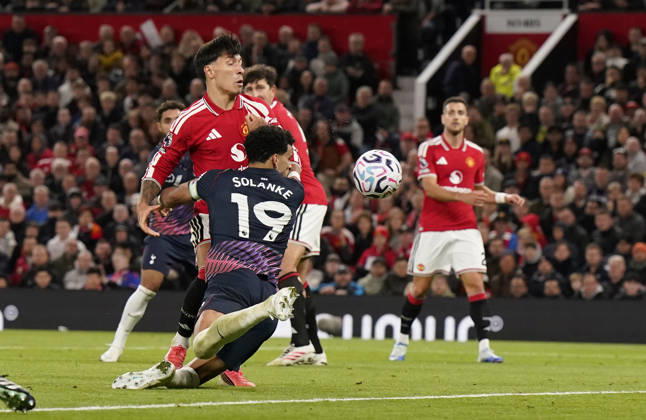 Manchester, England, 10th October 2026. Dominic Solanke of Tottenham Hotspur scores during the Manchester United, ManU vs Tottenham Hotspur Premier League match at Old Trafford, Manchester. Picture credit should read: Andrew Yates Sportimage EDITORIAL USE ONLY. No use with unauthorised audio, video, data, fixture lists, club league logos or live services. Online in-match use limited to 120 images, no video emulation. No use in betting, games or single club league player publications. SPI_048_AY_MANUTD_SPURS SPI-5058-0048