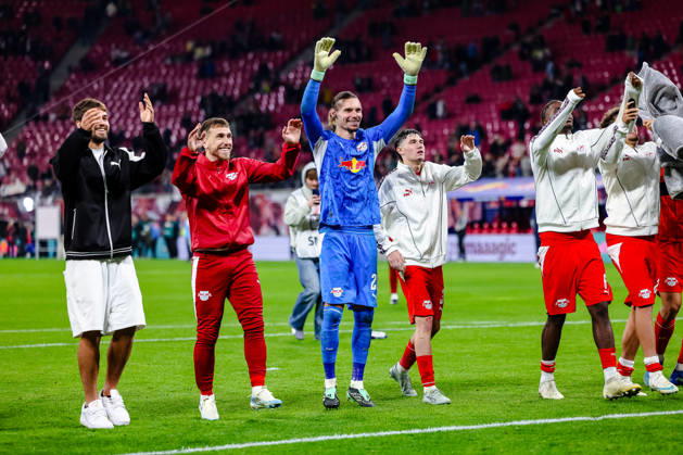 Brajan Gruda, RB Leipzig, 10; Maarten Vandevoordt, RB Leipzig, 26; Andrija Maksimovic, RB Leipzig, 30; Celebrations after the victory, GER, RB Leipzig vs. Eintracht Frankfurt, soccer, Bundesliga 1 Men, Matchday 5, 2026–2027 season, October 10, 2026 DFL regulations prohibit any use of photographs as image sequences and or quasi-video GER, RB Leipzig vs. Eintracht Frankfurt, Soccer, 1st Bundesliga Men, Matchday 5, 2026–2027 season, October 10, 2026 Leipzig Copyright: xEibner-Pressefoto LauraxRoemerx EP_LRR