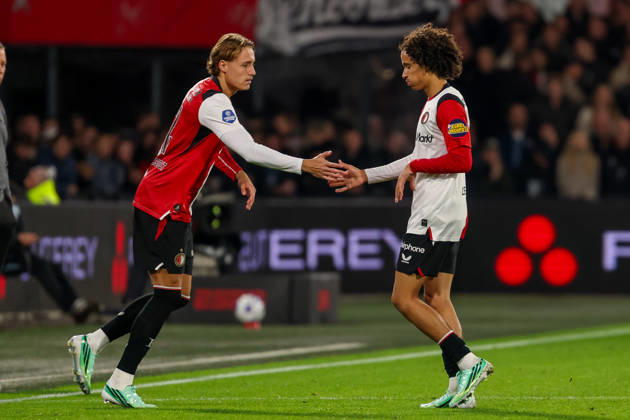 2026-10-10 Feyenoord v AZ Alkmaar - Dutch Eredivisie ROTTERDAM, NETHERLANDS - OCTOBER 10: Gjivai Zechiel of Feyenoord is substituted for Tobias van den Elshout of Feyenoord during the Dutch Eredivisie match between Feyenoord and AZ Alkmaar at Stadion Feijenoord on October 10, 2026 in Rotterdam, Netherlands. Rotterdam Stadion Feijenoord Netherlands Content not available for redistribution in The Netherlands directly or indirectly through any third parties. Copyright: xHansxvanxderxValkx