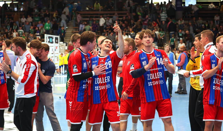 October 10, 2026, Germany, Göppingen, Opel HBL Bundesliga Handball, FRISCH AUF Göppingen vs. SG BBM Bietigheim, Bietigheim celebrating, Moritz Strosack (BBM) in the center