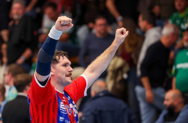 October 10, 2026, Germany, Göppingen, Opel HBL Bundesliga Handball, FRISCH AUF Göppingen vs. SG BBM Bietigheim, Bietigheim Celebrates, Jonathan Fischer (BBM)