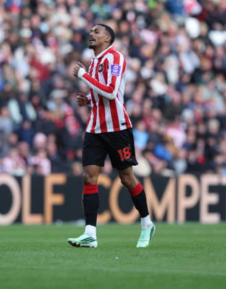 Sunderland, England, 10th October 2026. Wilson Isidor of Sunderland during the Sunderland vs Brighton and Hove Albion Premier League match at the Stadium Of Light, Sunderland. Picture credit should read: Nigel Roddis Sportimage EDITORIAL USE ONLY. No use with unauthorised audio, video, data, fixture lists, club league logos or live services. Online in-match use limited to 120 images, no video emulation. No use in betting, games or single club league player publications. SPI_045_NR_SUND_BRIG SPI-5059-0045