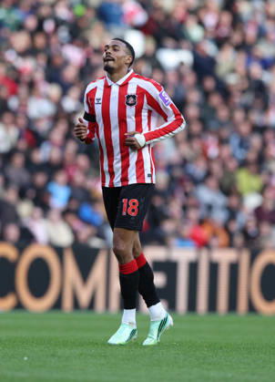 Sunderland, England, 10th October 2026. Wilson Isidor of Sunderland during the Sunderland vs Brighton and Hove Albion Premier League match at the Stadium Of Light, Sunderland. Picture credit should read: Nigel Roddis Sportimage EDITORIAL USE ONLY. No use with unauthorised audio, video, data, fixture lists, club league logos or live services. Online in-match use limited to 120 images, no video emulation. No use in betting, games or single club league player publications. SPI_047_NR_SUND_BRIG SPI-5059-0047