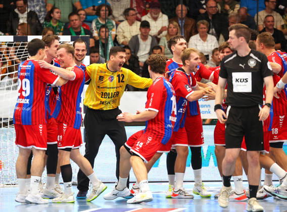 October 10, 2026, Germany, Göppingen, Opel HBL Bundesliga Handball, FRISCH AUF Göppingen vs. SG BBM Bietigheim, Martin Tomovski (BBM) celebrates