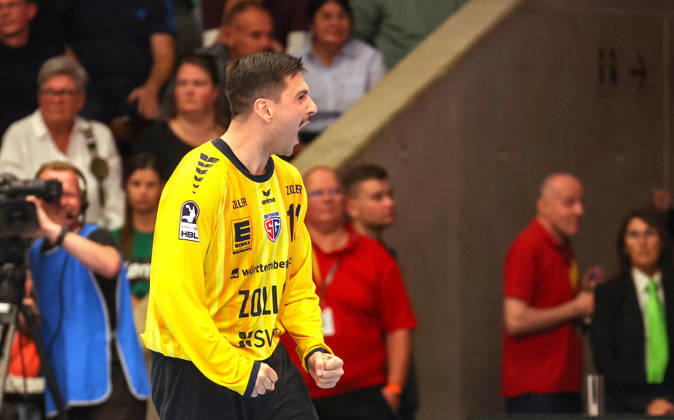 October 10, 2026, Germany, Göppingen, Opel HBL Bundesliga Handball, FRISCH AUF Göppingen vs. SG BBM Bietigheim, Martin Tomovski (BBM) celebrates