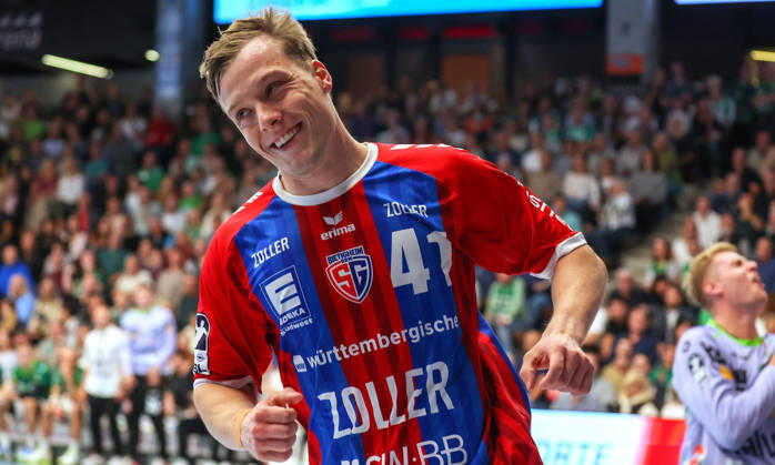 October 10, 2026, Germany, Göppingen, Opel HBL Bundesliga Handball, FRISCH AUF Göppingen vs. SG BBM Bietigheim, Till Hermann of BBM celebrates