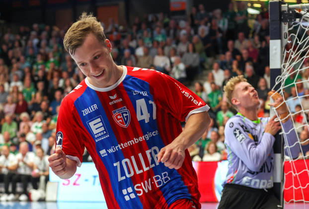 October 10, 2026, Germany, Göppingen, Opel HBL Bundesliga Handball, FRISCH AUF Göppingen vs. SG BBM Bietigheim, Till Hermann of BBM celebrates