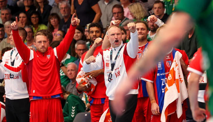 October 10, 2026, Germany, Göppingen, Opel HBL Bundesliga handball, FRISCH AUF Göppingen vs. SG BBM Bietigheim, celebration, BBM coach Hartmut Mayerhoffer