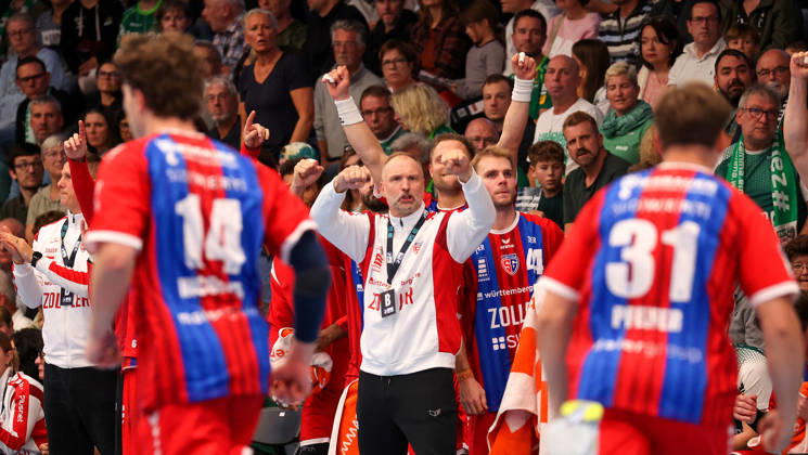 October 10, 2026, Germany, Göppingen, Opel HBL Bundesliga handball, FRISCH AUF Göppingen vs. SG BBM Bietigheim, celebration, BBM coach Hartmut Mayerhoffer