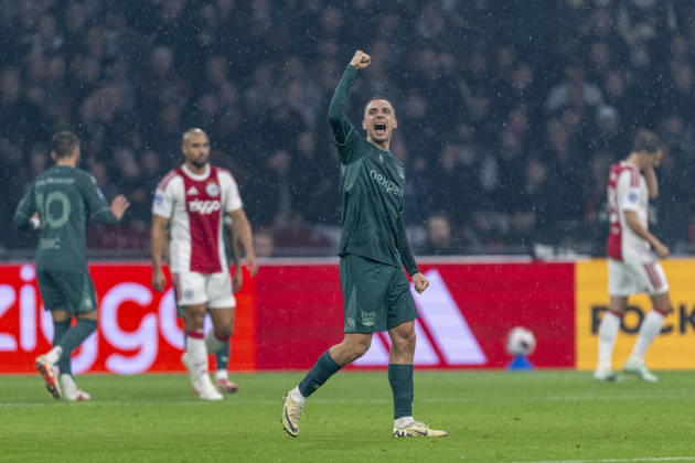 AMSTERDAM — NEC Nijmegen midfielder Darko Nejasmic celebrates the 1-1 tie during the Vriendenloterij Eredivisie match between Ajax and NEC at the Johan Cruijff ArenA on October 10, 2026, in Amsterdam, the Netherlands. Photo by DeFodi Images